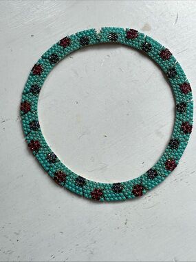 Vintage crown Trifari turquoise cabochons ruby & blue rhinestone collar necklace